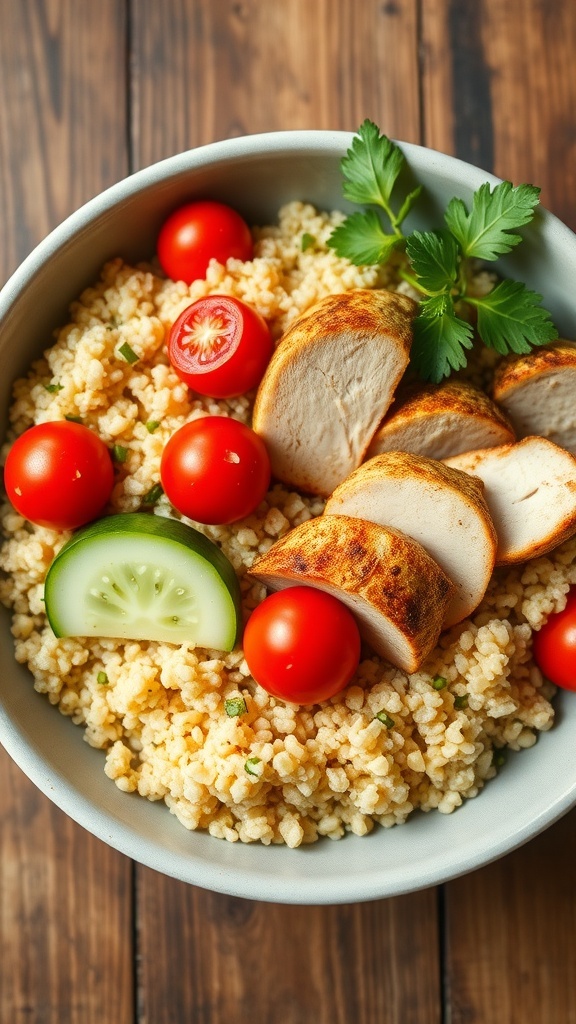 A colorful chicken quinoa bowl with grilled chicken, quinoa, cherry tomatoes, and cucumber on a wooden table.